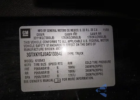 2010 GMC Sierra 1500 Hybrid 3Hb из США, поврежденный, VIN 3GTXKYEJ0AG133542